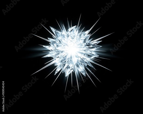 Glowing icy crystal burst on black background.