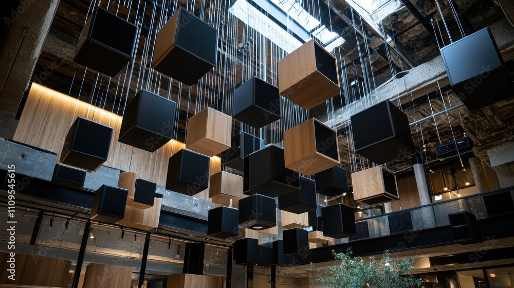 Suspended Geometric Shapes in a Modern Interior Suspended Geometric Shapes in a Modern Interior