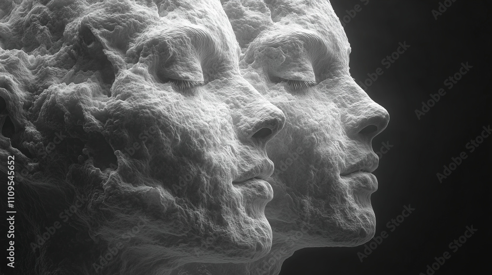 Sculptural faces with textured surfaces representing emotion and depth in monochromatic tones. Generative AI Sculptural faces with textured surfaces representing emotion and depth in monochromatic tones. Generative AI