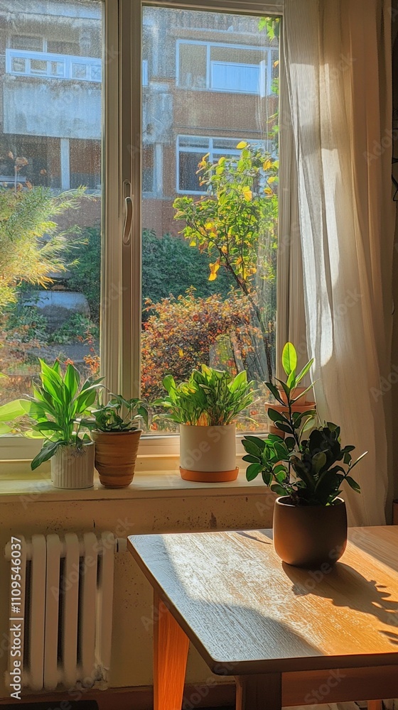 Fototapeta premium Cozy home interior with sunlit window sill decorated with potted plants, while sheer curtains create soft lighting and garden view adds natural backdrop to peaceful domestic scene.