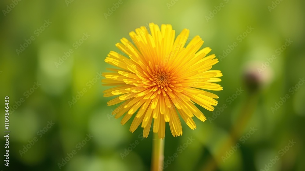Naklejka premium A single, vibrant yellow dandelion blossom, with a delicate stem, blooms against a soft, green, blurred background.