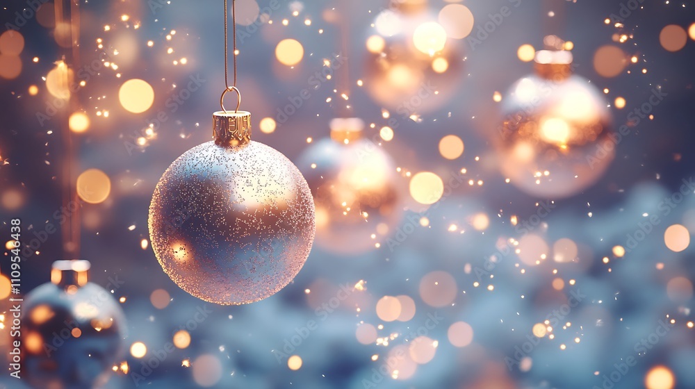 Glowing lights and baubles in soft tones with text Merry Christmas in the image Glowing lights and baubles in soft tones with text Merry Christmas in the image
