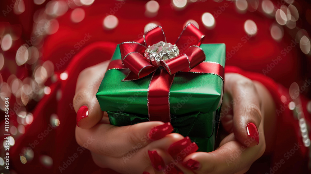 santa claus holding a green gift with red ribbon santa claus holding a green gift with red ribbon