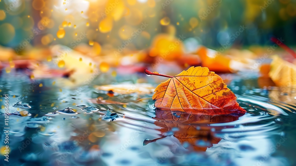 Wet Leaves in Puddle on Fall Day Wet Leaves in Puddle on Fall Day