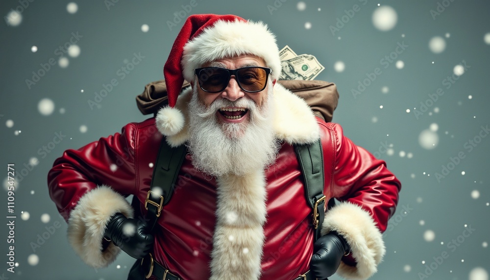 A trendy Santa Claus wearing sunglasses and a red coat, carrying a bag filled with money against a snowy background. Perfect for holiday, Christmas, finance, and winter themed projects.
A trendy Santa Claus wearing sunglasses and a red coat, carrying a bag filled with money against a snowy background. Perfect for holiday, Christmas, finance, and winter themed projects.