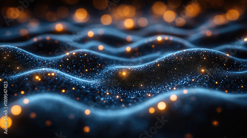 Stunning visualization of waves illuminated by glowing particles in a dark environment. Generative AI photo