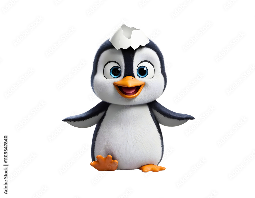 Fototapeta premium Cartoon penguin character with a cracked egg shell on its head standing happily