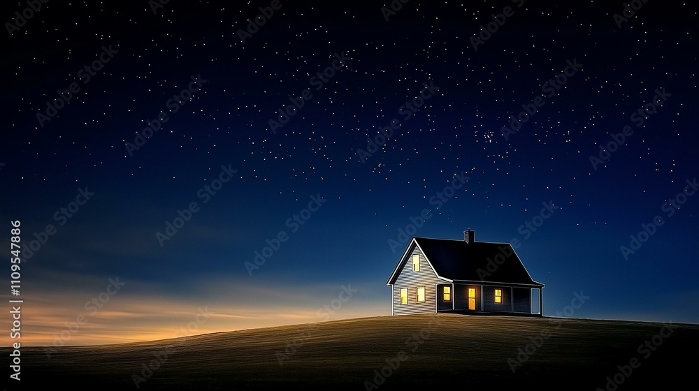 A peaceful night scene featuring an illuminated house on a hill under a starry sky, evoking tranquility and comfort. A peaceful night scene featuring an illuminated house on a hill under a starry sky, evoking tranquility and comfort.