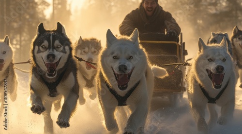 Team of huskies pulling a sled in a snowy landscape with a musher guiding them. photo