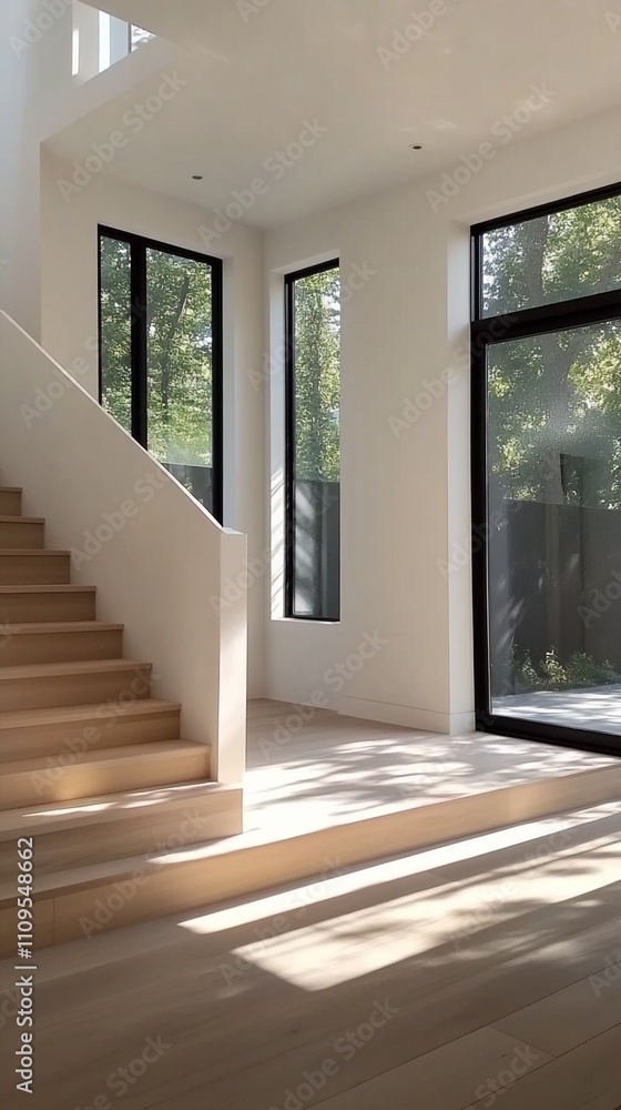 Fototapeta premium Modern minimalist interior with natural light streaming through floor-to-ceiling windows, illuminating wooden staircase and creating dramatic shadows on light flooring and white walls.