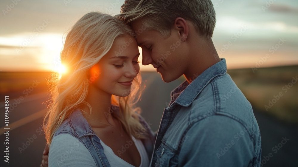 Romantic couple in denim outfits sharing intimate moment at golden sunset, their faces close together with eyes closed, backlit by warm sunlight creating dreamy atmosphere. Romantic couple in denim outfits sharing intimate moment at golden sunset, their faces close together with eyes closed, backlit by warm sunlight creating dreamy atmosphere.