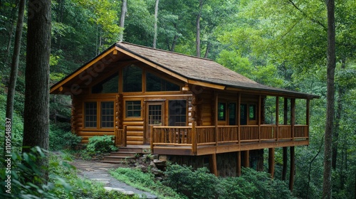 Rustic wooden cabin nestled in lush forest, showcasing charming timber construction, embraced by vibrant greenery and the tranquility of nature