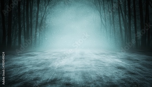 Mysterious snowy forest path with fog.