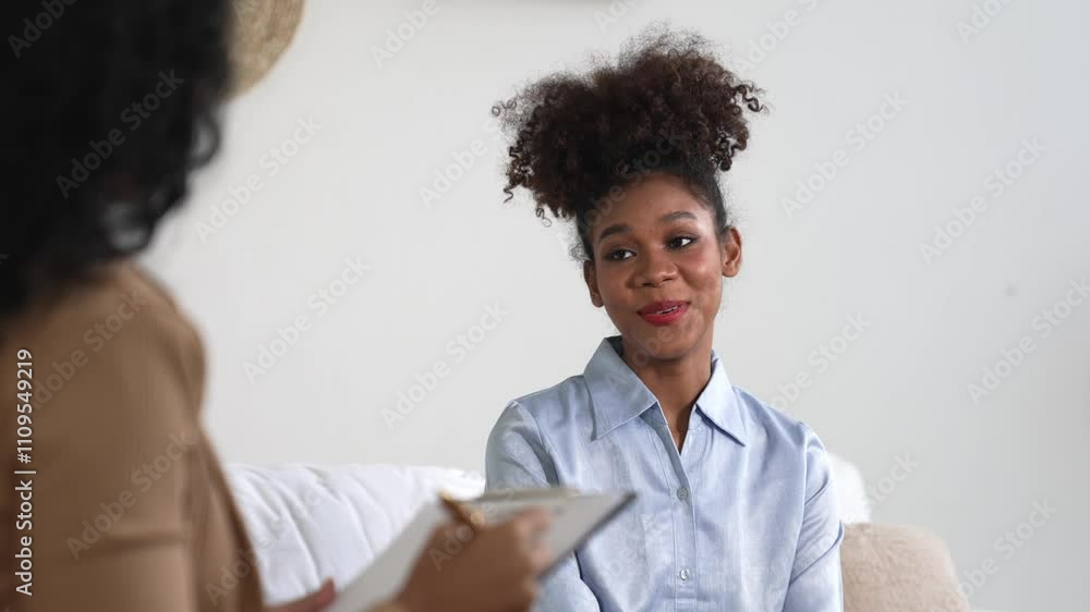 Happy patient and psychologist exchanging mental health conversation in clinic with positive emotion while explaining crucial successful work and life to psychologist in home office Happy patient and psychologist exchanging mental health conversation in clinic with positive emotion while explaining crucial successful work and life to psychologist in home office