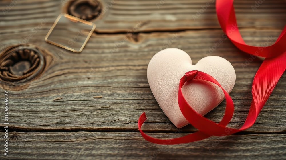 A delicate pink heart wrapped in a crimson ribbon, resting on a weathered wooden surface, a subtle reminder of love's enduring presence. A delicate pink heart wrapped in a crimson ribbon, resting on a weathered wooden surface, a subtle reminder of love's enduring presence.