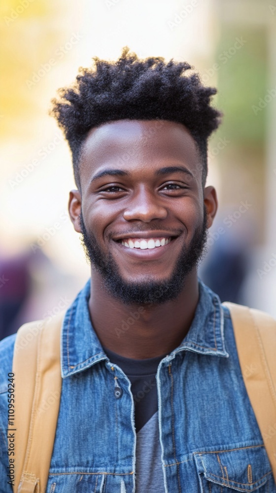 Portrait of a young student with a bright genuine smile wearing denim jacket and backpack against blurred campus background, radiating positivity and confidence in natural light Portrait of a young student with a bright genuine smile wearing denim jacket and backpack against blurred campus background, radiating positivity and confidence in natural light