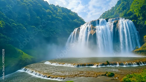 Majestic Waterfall in Lush Green Mountains photo