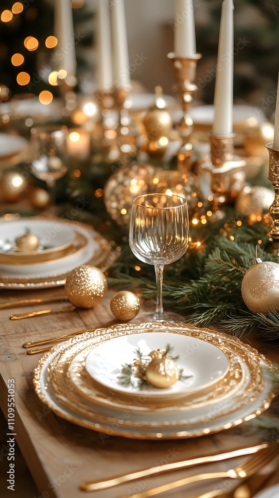 Elegant holiday dining table decorated with gold accents and festive ornaments. Elegant holiday dining table decorated with gold accents and festive ornaments.