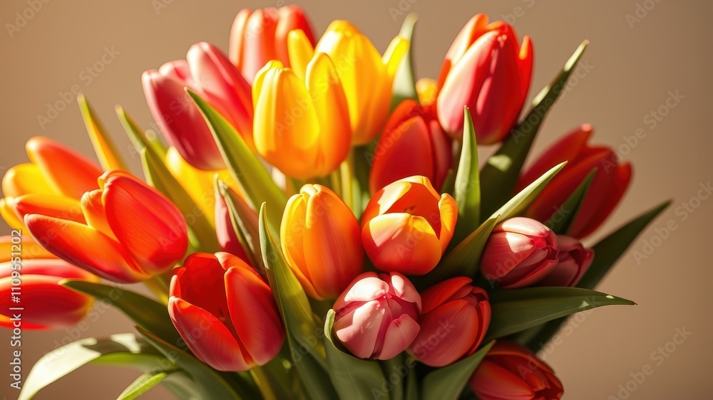 A bouquet of vibrantly colored tulips, showcasing a delightful mix of red, orange, and pink hues, with delicate green leaves adding a touch of freshness. A bouquet of vibrantly colored tulips, showcasing a delightful mix of red, orange, and pink hues, with delicate green leaves adding a touch of freshness.