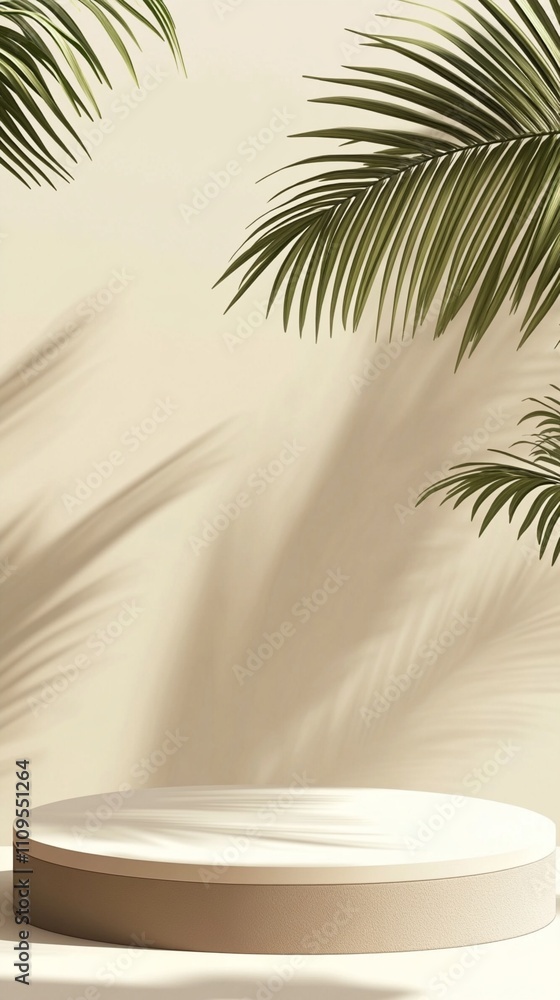 Minimalist product display podium with palm leaf shadows on beige background, creating elegant tropical atmosphere for cosmetic or luxury product presentation. Minimalist product display podium with palm leaf shadows on beige background, creating elegant tropical atmosphere for cosmetic or luxury product presentation.