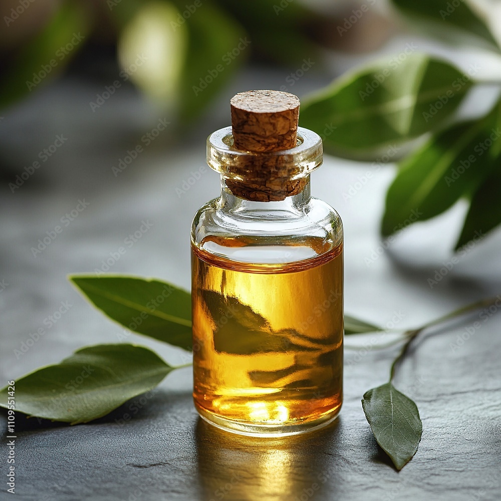 A glass bottle with a golden colored essential oil with green leaves on a wooden surface.