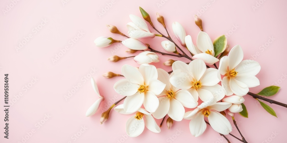 Delicate white magnolia blossoms arranged on a soft pink background, showcasing their pristine beauty and gentle elegance. Delicate white magnolia blossoms arranged on a soft pink background, showcasing their pristine beauty and gentle elegance.