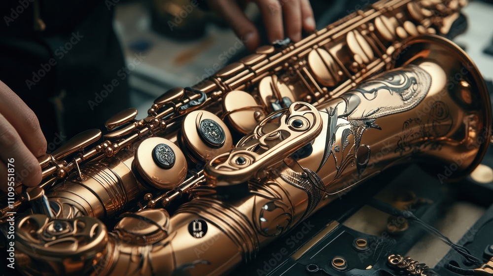 Obraz premium Close-up of a Gold-Plated Saxophone with Intricate Design