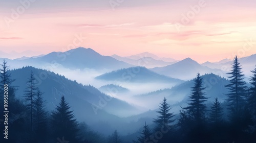 Serene Mountain Sunrise, tranquil landscape with soft pastel hues illuminating mist-covered peaks, evoking a sense of peace and natural beauty in the early morning light