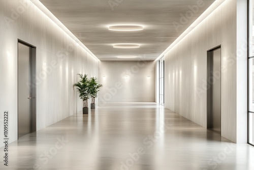 Wallpaper Mural Modern and Minimalist Corridor with Soft Lighting, Potted Plants, and Sleek Doors in Contemporary Architectural Design for Office Spaces Torontodigital.ca