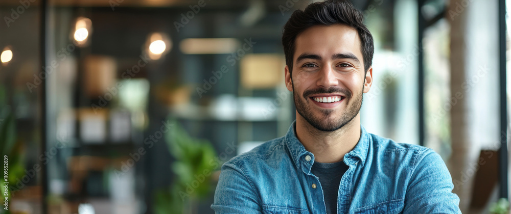 Fototapeta premium Confident Young Man Smiling in a Modern Office Environment