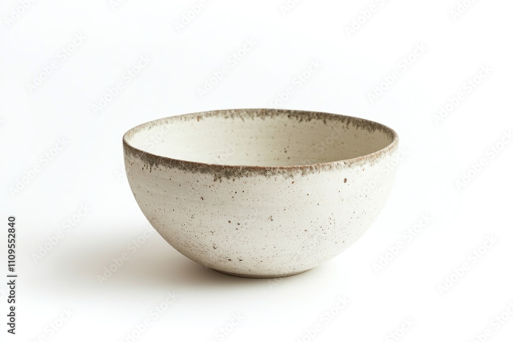 Off-white ceramic bowl with speckled texture and rustic rim, isolated on white background. Off-white ceramic bowl with speckled texture and rustic rim, isolated on white background.