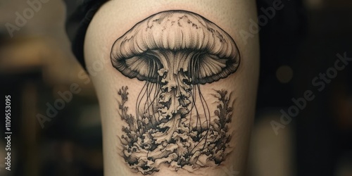 Intricate jellyfish tattoo showcasing flowing lines and detailed underwater scenery on a person\'s arm photo