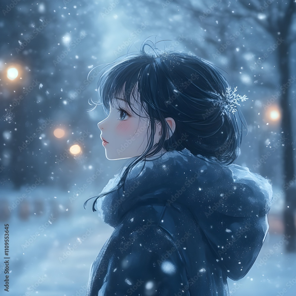 A young Asian woman in winter attire gazes thoughtfully into the snowy night. A young Asian woman in winter attire gazes thoughtfully into the snowy night.