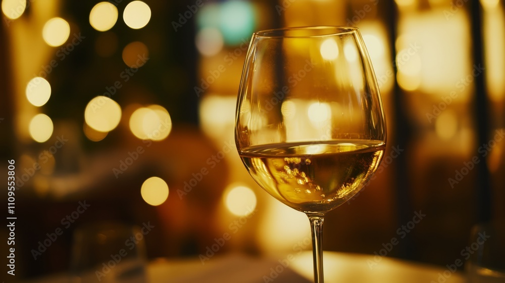 White wine glass on table at night. White wine glass on table at night.