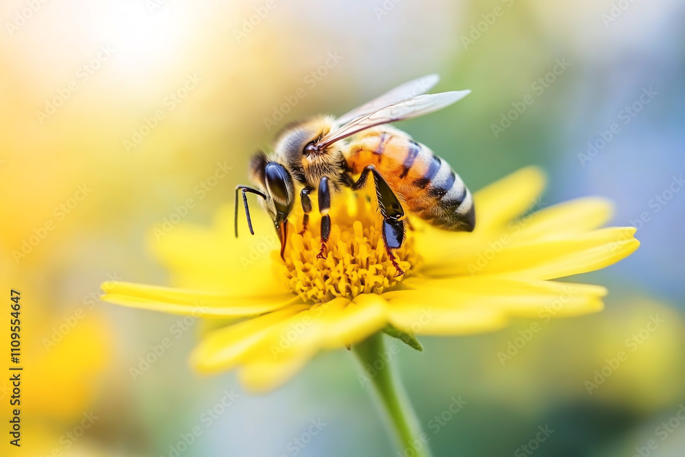 Fototapeta premium Bee on yellow flowers in spring, a natural background with a bee working for honey and nectar in a flower meadow garden