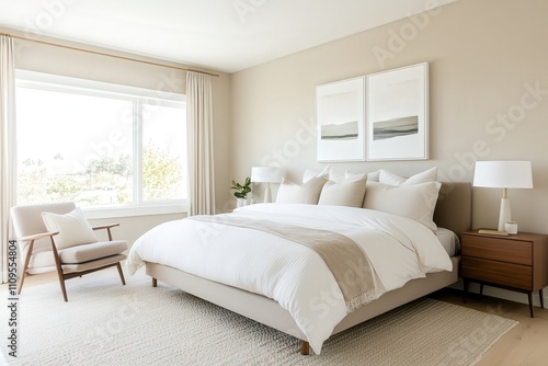 Cozy modern bedroom with large window, neutral tones, stylish decor, and comfortable furnishings creating a serene atmosphere for relaxation