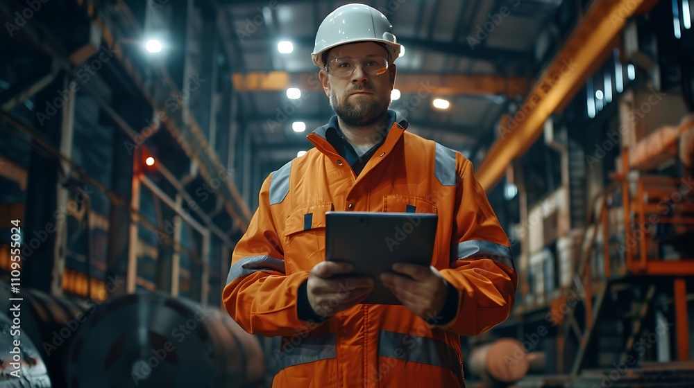 Industrial Engineer with Digital Device in Factory Industrial Engineer with Digital Device in Factory