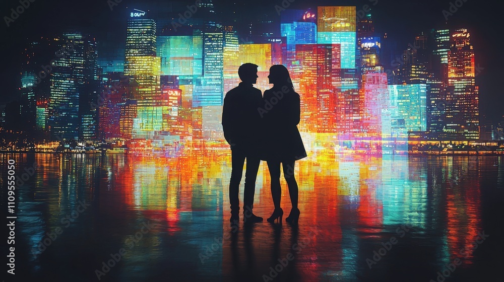 Couple embracing in front of a vibrant city skyline illuminated at night Couple embracing in front of a vibrant city skyline illuminated at night