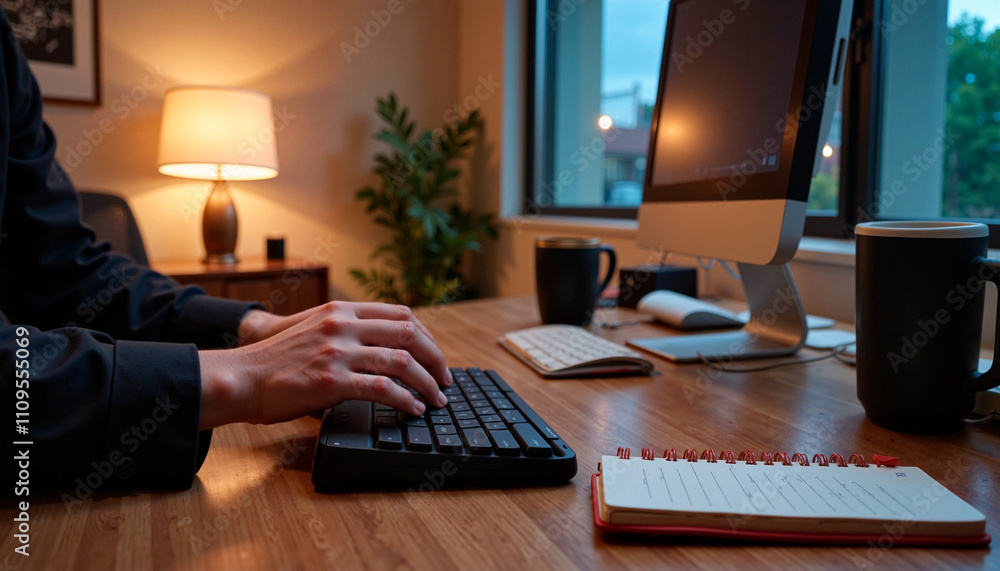 Man typing on computer in cozy home office at night Man typing on computer in cozy home office at night