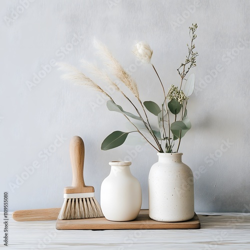 Minimalist floral arrangement with white vases and natural brush on a wooden tray.