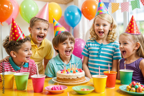 Kids birthday party. A boy blowing out candles on a cake surrounded by friends. Happy children at a birthday party.