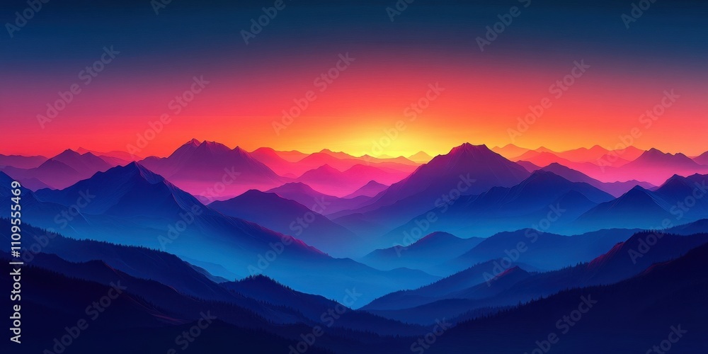 Obraz premium Majestic mountain landscape at dawn with vibrant colors illuminating the horizon