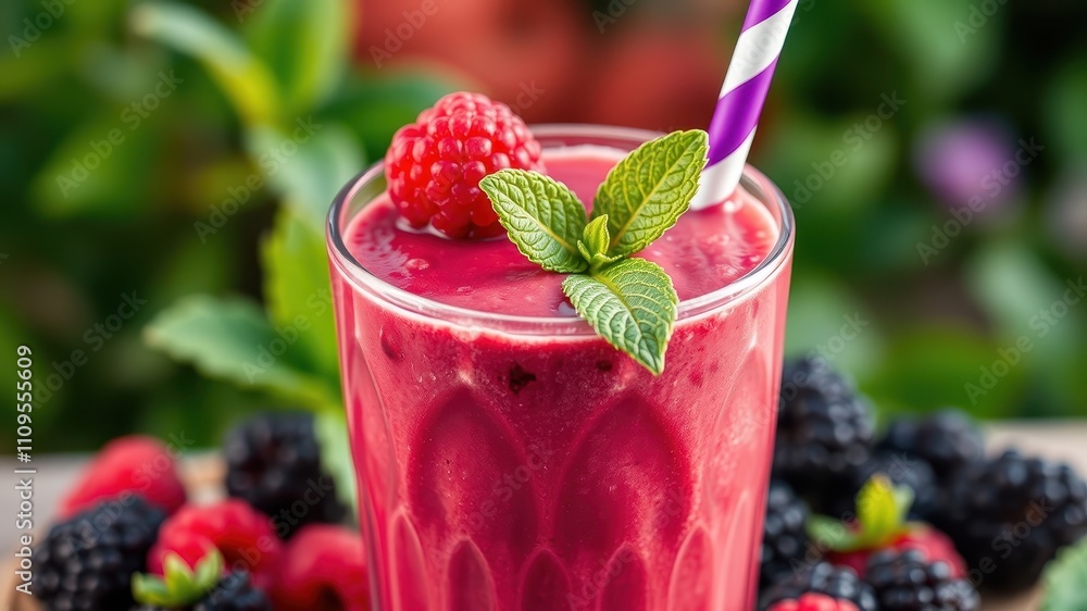 Freshly blended raspberry smoothie with a sprig of mint and a striped straw, garnished with a raspberry and surrounded by blackberries and raspberries Freshly blended raspberry smoothie with a sprig of mint and a striped straw, garnished with a raspberry and surrounded by blackberries and raspberries