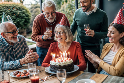 Elderly woman celebrating her birthday surrounded by family, with cake, candles and colorful decorations smiling happily