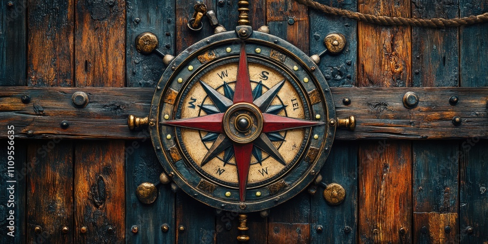 Fototapeta premium Navigating history with a vintage compass against a weathered wooden backdrop in a rustic setting
