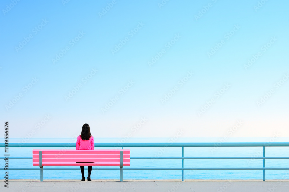 A woman dressed in a pink coat sits alone on a pastel pink bench by the sea, gazing at the tranquil water under a clear sky A woman dressed in a pink coat sits alone on a pastel pink bench by the sea, gazing at the tranquil water under a clear sky