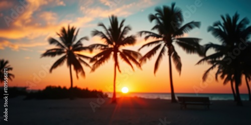 Silhouettes of palm trees swaying gently in the golden hour, with a distant beach and a setting sun casting a warm glow