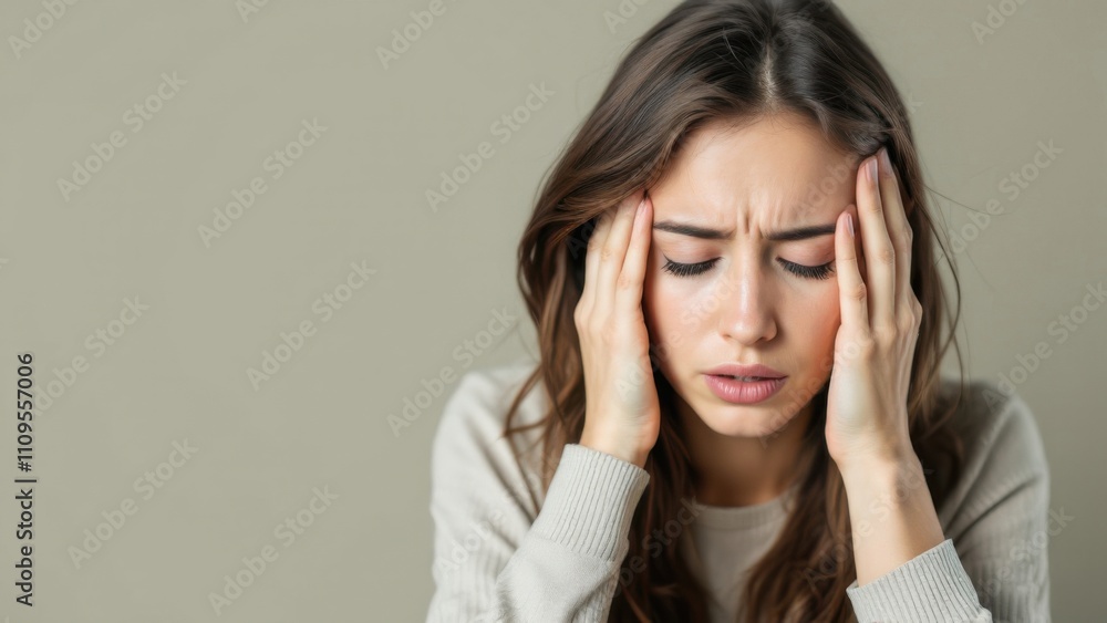 Woman Holding Her Head in Stress, Representing Anxiety, Emotional Distress, and Mental Health Challenges with a Neutral Background Woman Holding Her Head in Stress, Representing Anxiety, Emotional Distress, and Mental Health Challenges with a Neutral Background