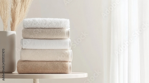 Neutral colors stacked towels by window on minimalistic background, copy space