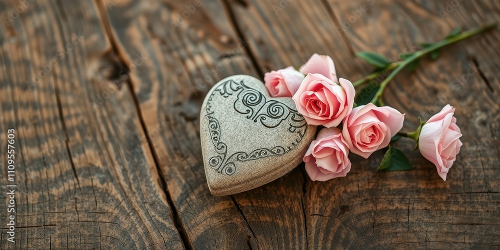 A carved stone heart resting on a rustic wooden surface, surrounded by delicate pink roses, symbolizing love and affection. A carved stone heart resting on a rustic wooden surface, surrounded by delicate pink roses, symbolizing love and affection.